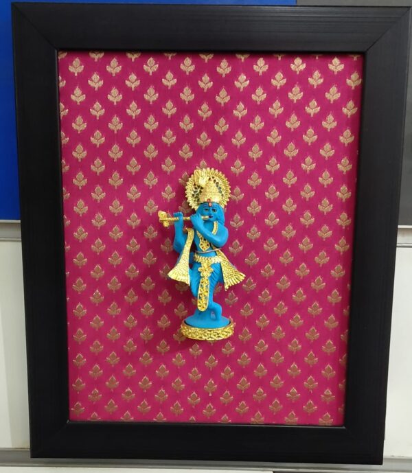 Handcrafted Lord Krishna Polyresin Wall Frame with Micro Gold Plated Finish | Premium Silk Brocade Fabric Background & Wooden Frame | Spiritual Home Decor for Living Room, Pooja Room & Gifting