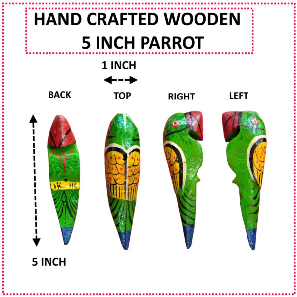 Handcrafted Wooden Parrot 5 Inch Decorative Showpiece | Handmade Green Painted Wooden Bird Figurine | Waterproof Finish Ethnic Home Décor for Living Room, Pooja Room, Wall & Gift Items