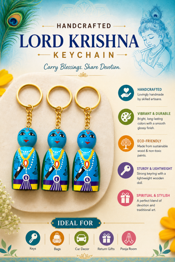 Krishna keychain, wooden Krishna keychain, handmade keychain, Lord Krishna gift, Hindu keychain, devotional keychain, spiritual keychain, artisan keychain, Indian handicraft, Janmashtami gift, return gift, wooden doll keychain, Krishna idol keyring, key holder, gift for devotees